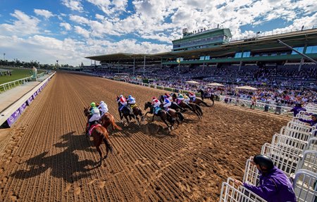 The field breaks from the gate in the 2019 Breeders' Cup Dirt Mile at Santa Anita Park