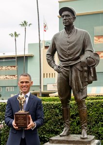Javier Castellano, the 2023 recipient of the George Woolf Memorial Jockey Award, at Santa Anita Park