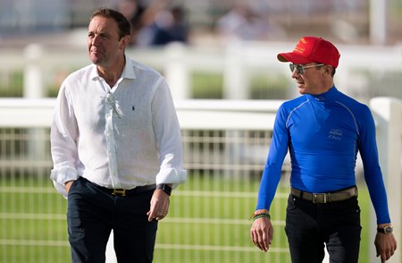 Trainer Charlie Appleby (left) and jockey Frankie Dettori team up with Warren Point for the Godolphon homebred's North American debut at Belmont Park