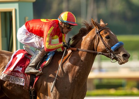 Hollywood Gold Cup hopeful Defunded trailed early before winning the Californian Stakes at Santa Anita Park