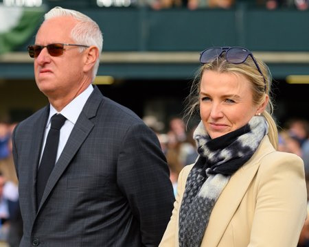 Trainer Todd Pletcher (left) and then-assistant Amelia Green in 2023 at Keeneland