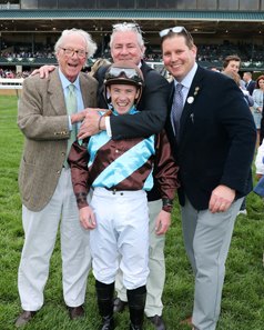 Richard Brodie (left) in the winner's circle after the 2023 Elkhorn Stakes at Keeneland