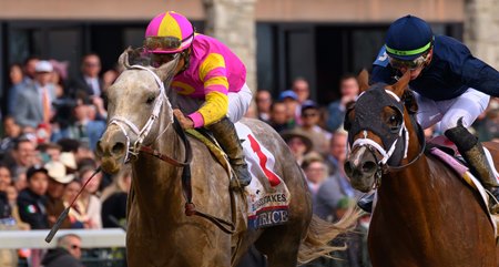Tapit Trice (left) wins the 2023 Blue Grass Stakes at Keeneland
