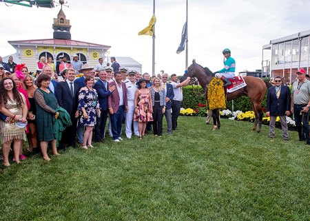 National Treasure and his owners in the winner's circle after the Preakness Stakes at Pimlico Race Course