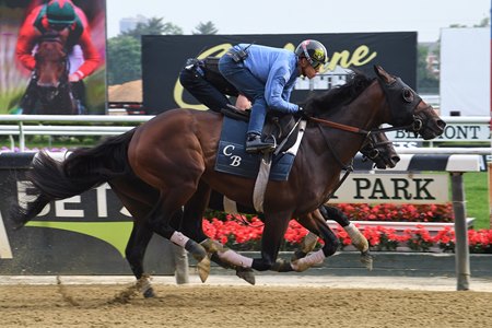 Blazing Sevens (outside) works five furlongs May 13 with Irad Ortiz Jr. in the irons at Belmont Park 