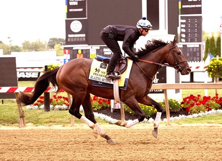 Blazing Sevens trains for the 2023 Preakness Stakes at Pimlico Race Course