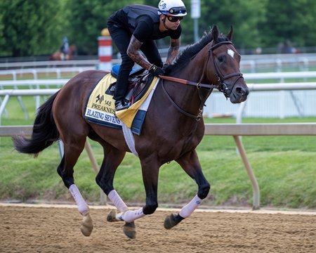 Blazing Sevens trains ahead of the 2023 Preakness Stakes at Pimlico Race Course