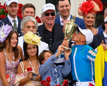 Javier Castellano kisses the Kentucky Derby trophy