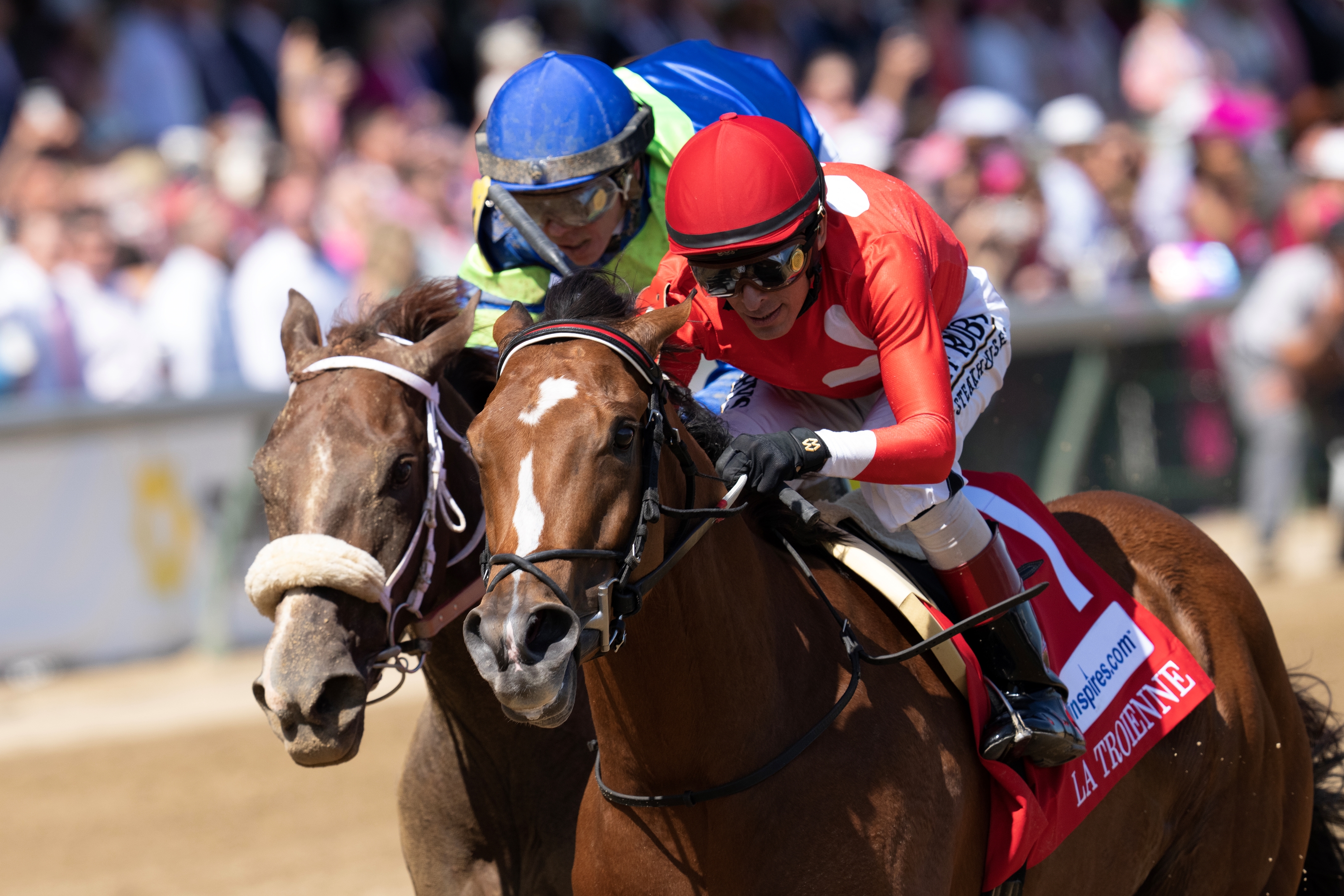 Played Hard (inside) repels Secret Oath in the La Troienne Stakes at Churchill Downs