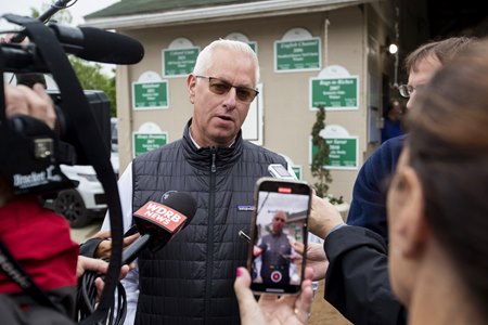 Todd Pletcher speaks with reporters April 29 at Churchill Downs
