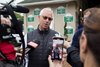 Trainer Todd Pletcher speaks with reporters after morning workouts for Kentucky Derby horses at Churchill Downs in Louisville, Ky., Saturday, April 29, 2023.