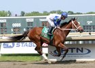 First time starter Kiss for Luck #5 ridden by Paco Lopez breaks her maiden in style on May 23, 2023 at Parx Racing in Bensalem, PA. The two-year-old filly is a half-sister to 2020 Eclipse Award Champion Vequist. Kiss for Luck is a homebred for Swilcan Stables LLC and is trained by Robert Reid, Jr. Photo by Barbara Weidl/EQUI-PHOTO.