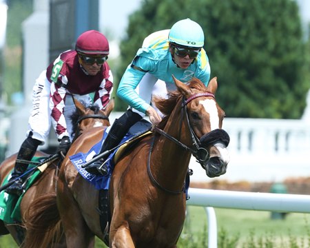 Mission of Joy, shown winning the 2023 Regret Stakes at Churchill Downs, will make her first start for Phil D'Amato in the Yellow Ribbon Handicap at Del Mar