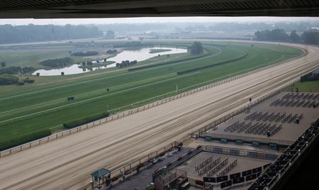 Haze from smoke produced by Canadian wildfires settles above Belmont Park early June 8