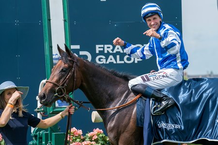 Blue Rose Cen and Aurelien Lemaitre after winning the Prix de Diane