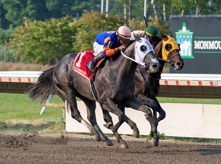 Petulante (outside) wins the 2023 Salvator Mile Stakes at Monmouth Park