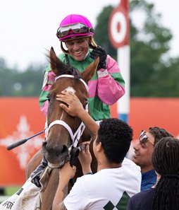 Javier Castellano and Becky's Joker after winning the Schuylerville Stakes at Saratoga Race Course