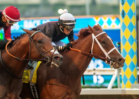 The Chosen Vron (white cap) defeats Anarchist in the 2023 Bing Crosby Stakes at Del Mar