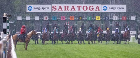 Pouring rain obscures the start of the Saratoga Oaks Invitational Stakes before the cancellation of the remaining Aug. 4 card at Saratoga Race Course