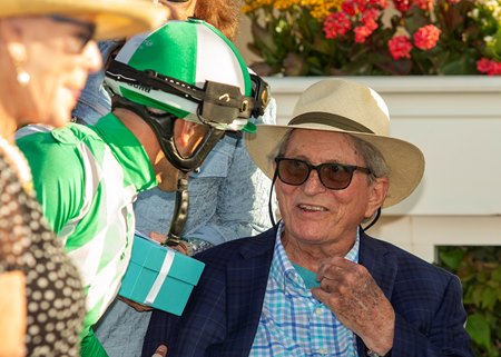 John Harris (right) celebrates with jockey Umberto Rispoli after Closing Remarks' victory in the 2023 Yellow Ribbon Handicap at Del Mar