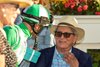 Owner John Harris, right, celebrates with jockey Umberto Rispoli, left, after Closing Remarks&#39; victory in the Grade II, $250,000 Yellow Ribbon Handicap, Saturday, August 12, 2023 at Del Mar Thoroughbred Club, Del Mar CA,
&#169; BENOIT PHOTO    