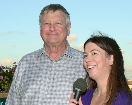 Pete Mattson is interviewed after Thealligatorhunter won the 2023 Wally's Choice Stakes at Canterbury Park