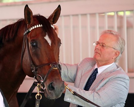 Cody's Wish and Bill Mott in the paddock prior to the Aug. 5 Whitney Stakes at Saratoga Race Course