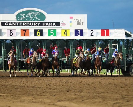 Horses break from the gate at Canterbury Park