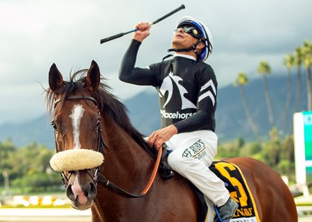 Mike Smith and Lane Way after winning the Eddie D Stakes at Santa Anita Park