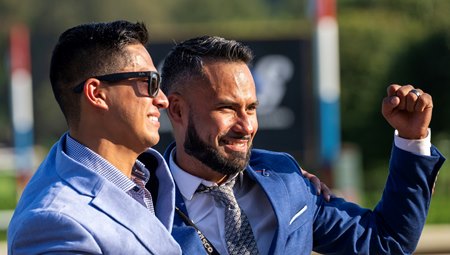 (L-R): Brothers Daniel and John Ortiz celebrate a victory from Brightwork in the Spinaway Stakes at Saratoga Race Course