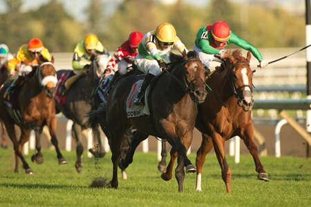 Touch'n Ride (left) edges Elysian Field to win the Breeders' Stakes at Woodbine 