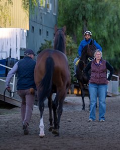 Dr. Dionne Benson observes a horse at a jog in 2023 at Santa Anita Park
