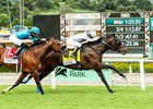 Balladeer and jockey Victor Espinoza, right, hold off Masteroffoxhounds (Edwin Maldonado up) to win the Grade II $200,000 John Henry Turf Championship Sunday, October 1, 2023 at Santa Anita Park, Arcadia, CA.    
Benoit Photo