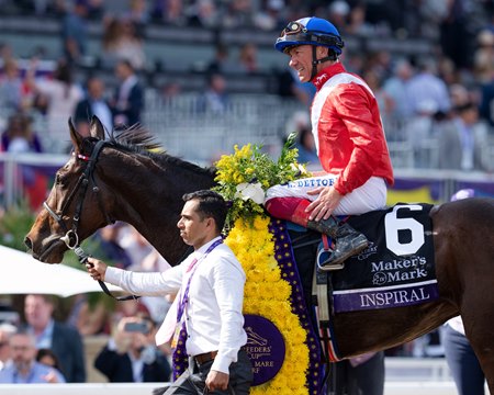 Inspiral, pictured after her 2023 Breeders' Cup Filly & Mare Turf win, finishes second behind Tamfana in her career finale in the Sun Chariot Stakes at Newmarket