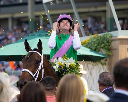 Jockey Florent Geroux celebrates a victory from Idiomatic in the 2023 Breeders' Cup Distaff at Santa Anita Park