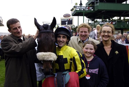 (L-R): Kevin Ryan, Neil Callan, and owners Con and Theresa Marnane after Palace Episode's victory in the 2005 Racing Post Trophy at Doncaster