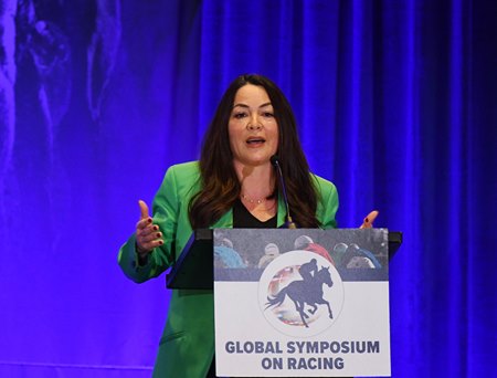 HISA CEO Lisa Lazarus speaks at the Global Symposium on Racing