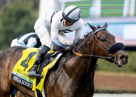Bellabel wins the Megahertz Stakes at Santa Anita Park