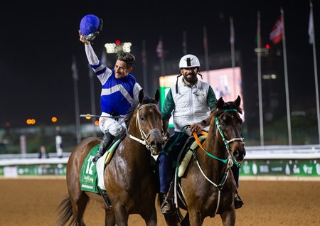 Jockey Junior Alvarado, aboard Senor Buscador, salutes the crowd after winning the Saudi Cup at King Abdulaziz Racecourse