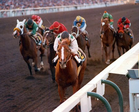 Lord At War wins a Sunday edition of the Santa Anita Handicap before a crowd of 85,527 in 1985 at Santa Anita Park