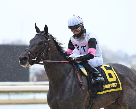 Jody's Pride overcomes wet conditions to win the Busher Stakes at Aqueduct Racetrack