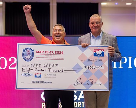 Mike Gillum, to the left of the NTRA president and CEO Tom Rooney, celebrates his victory in the 2024 National National Horseplayers Championship