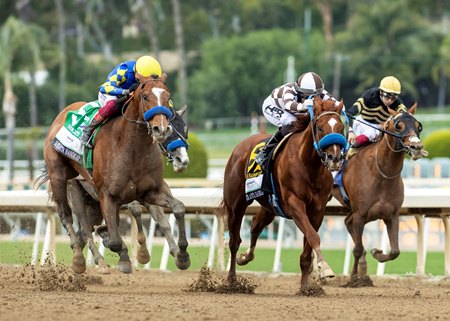 Subsanador (center) finishes second to Newgate (outside) in the Santa Anita Handicap at Santa Anita Park