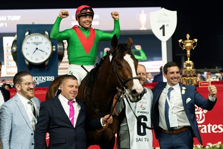 Facteur Cheval after his win in the 2024 Dubai Turf at Meydan Racecourse