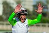Jockey Lanfranco Dettori celebrates after Uncorked&#39;s victory in the Grade III, $100,000 Royal Heroine Stakes, Saturday, April 27, 2024 at Santa Anita Park, Arcadia CA.
&#169; BENOIT PHOTO