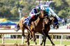 Stronghold and jockey Antonio Fresu, outside, overpower Imagination (Lanfranco Dettori), inside, to win the Grade I, $750,000 Santa Anita Derby, Saturday, April 6, 2024 at Santa Anita Park, Arcadia CA.
© BENOIT PHOTO