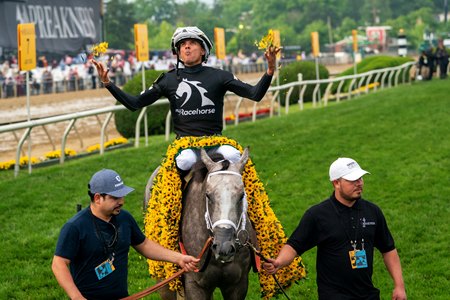 Jaime Torres celebrates aboard Seize the Grey after winning the Preakness Stakes (G1) at Pimlico Race Course