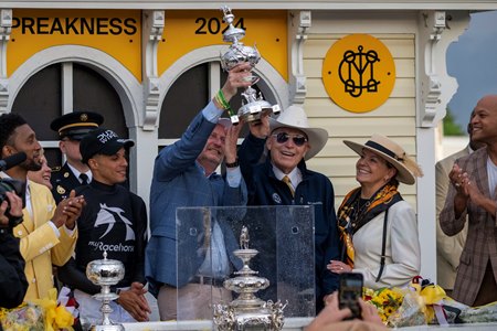 D. Wayne Lukas (white hat) celebrates winning the 2024 Preakness Stakes at Pimlico Race Course