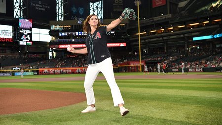 Sharilyn Gasaway throwing out the ceremonial first pitch May 13 at Chase Field in Phoenix