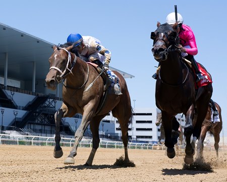 Soontobeking (outside) wins a maiden special weight race May 24 at Aqueduct Racetrack